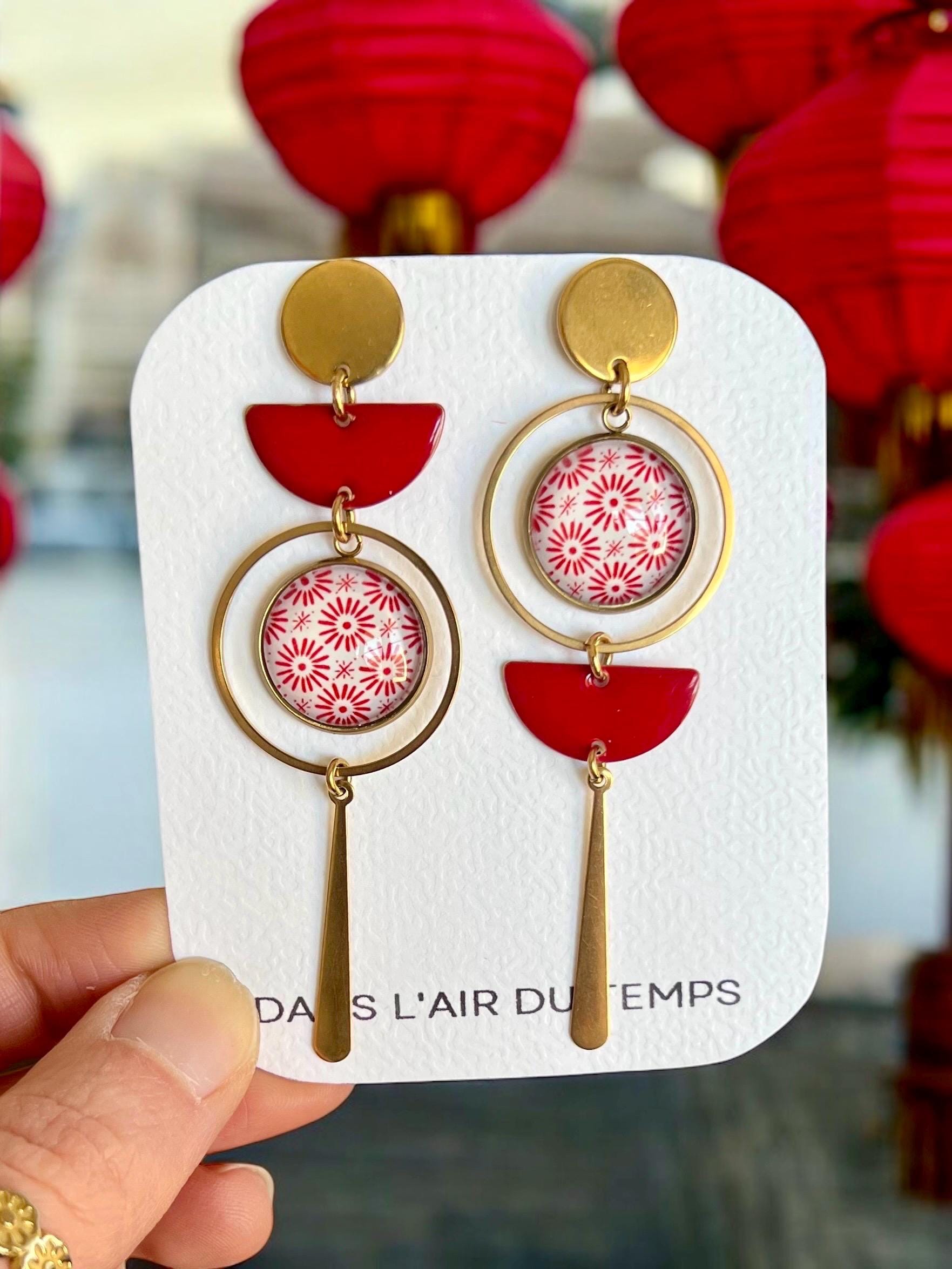 Parure fantaisie métal pendentif et boucles d'oreilles pendantes rectangle « maya » rouge bordeaux - ID'KDO