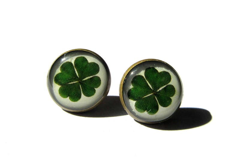 FOUR LEAF CLOVER earrings, St patrick leaf, Shamrock earrings, Saint patricks day, Green shamrock, Lucky studs, good luck, luck gift image 2