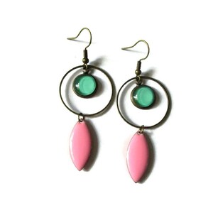 Turquoise Earrings Turquoise Hoops pink enamel earrings Gift for Women modern jewelry long earrings dangle earrings light green image 2