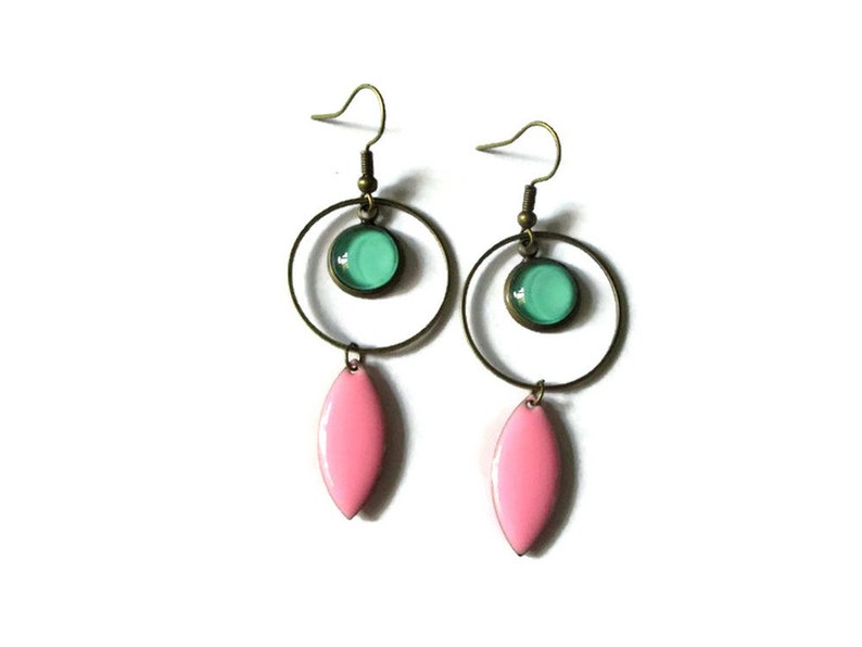 Turquoise Earrings Turquoise Hoops pink enamel earrings Gift for Women modern jewelry long earrings dangle earrings light green image 2