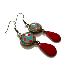 Boho floral Earrings - red enamel earring - Green Statement Earrings - Ethnic earrings - Summer earrings - Colorful - festival