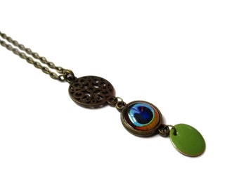 Peacock necklace - peacock jewelry - color pop necklace - blue pendant - colorblock - gift idea - green enamel - statement necklace