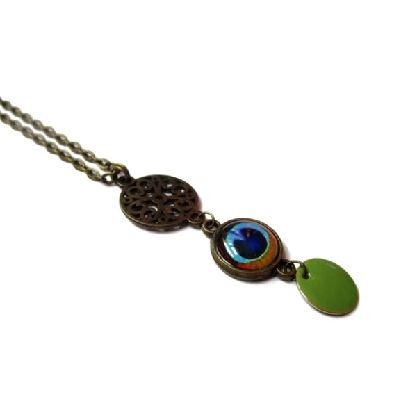 Peacock necklace - peacock jewelry - color pop necklace - blue pendant - colorblock - gift idea - green enamel - statement necklace