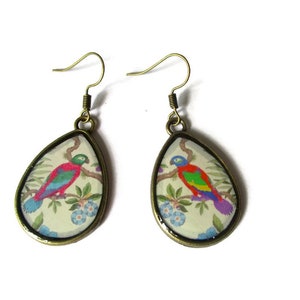 PARROT EARRINGS, TEARDROP Vintage earrings, Parrot jewelry , Jungle Style, Tropical jewelry, japanese style, Summer, Boho image 3