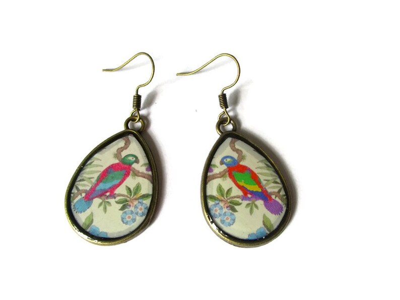 PARROT EARRINGS, TEARDROP Vintage earrings, Parrot jewelry , Jungle Style, Tropical jewelry, japanese style, Summer, Boho image 3