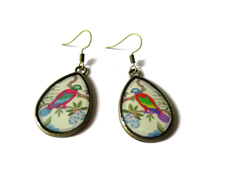 PARROT EARRINGS, TEARDROP Vintage earrings, Parrot jewelry , Jungle Style, Tropical jewelry, japanese style, Summer, Boho image 2