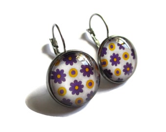 Purple and yellow Flowers dangle earrings - colorful flowers earrings - flowers vintage earrings jewelry - spring - colorful