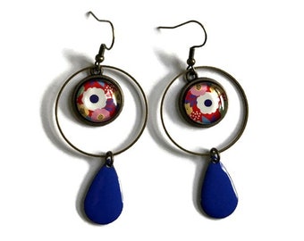 BOUCLES D'OREILLES créoles, anneaux, motif fleurs multicolores, couleur pop flashy, email goutte bleu, grandes boucles d'oreilles, moderne