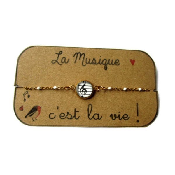 BRACELET Acier Inoxydable musique, clé de sol, partition, musicien, noir, blanc, cabochon verre