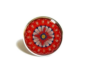 MANDALA RING - mandala jewelry - red ring - adjustable ring - BOHO ring - Bohemian ring - meditation -  indian jewellery - gift for her
