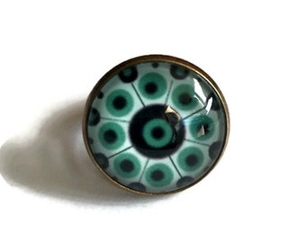 BAGUE mandala turquoise, bijou bleu et vert, ethnique, bijou fleur, géométrique, bague rosace, cabochon verre