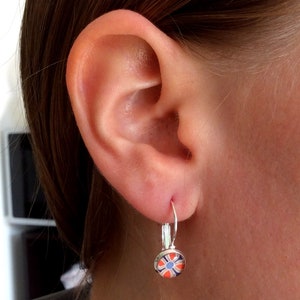 Blue and Orange FLOWERS EARRINGS, Tiny dangle Earrings, Vintage Style, Geometric, Boho, Flower pattern Jewelry image 5