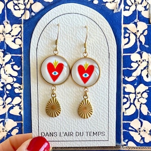 SACRED HEART EARRINGS, Statement earrings, Heart earrings, Red and Gold Sacred Heart, All seeing eye, Gift for girlfriend, Heart Gift