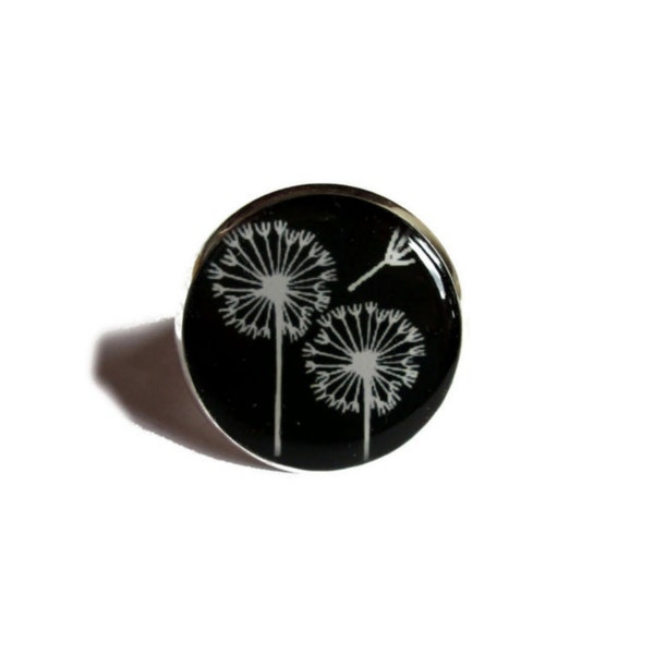 BAGUE PISSENLIT, blanc, noir, bijoux pissenlit, dessin pissenlit, fleuri, poétique, bijou fleurs, bague cabochon, bijoux cabochons