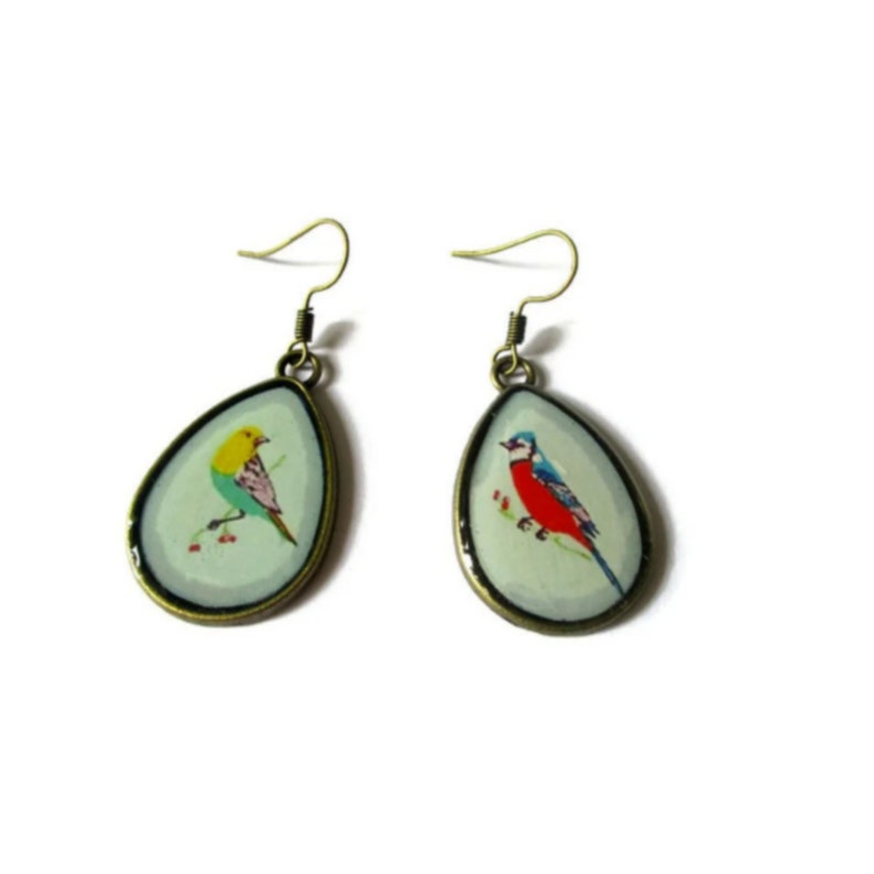 BIRDS EARRINGS, Teardrop Earrings, bird Pattern, BOHO Style, bird lover gift, Nature, animal Jewelry, romantic image 1
