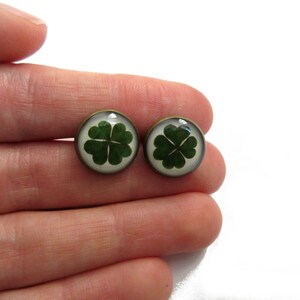 FOUR LEAF CLOVER earrings, St patrick leaf, Shamrock earrings, Saint patricks day, Green shamrock, Lucky studs, good luck, luck gift image 3