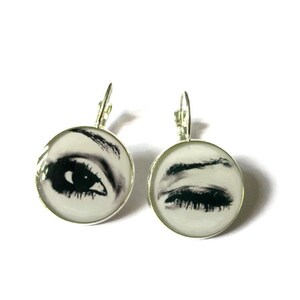 Open Close Eye Eyelashes Earrings, Winking Eye, Eyes Earrings, Eye Jewelry, Wink Dangle, iris, Black and White image 2