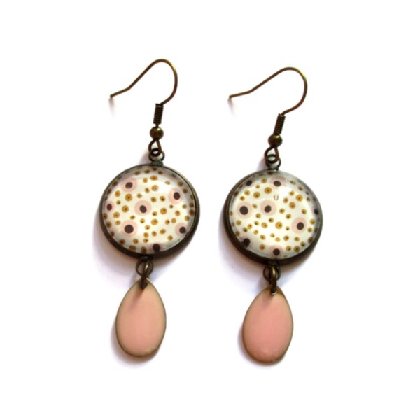 BOUCLES D'OREILLES pois roses, noirs, ocre, email rose, bijou abstrait, boucles pendantes, bijou simple, moderne, cabochon