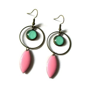 Turquoise Earrings Turquoise Hoops pink enamel earrings Gift for Women modern jewelry long earrings dangle earrings light green image 4
