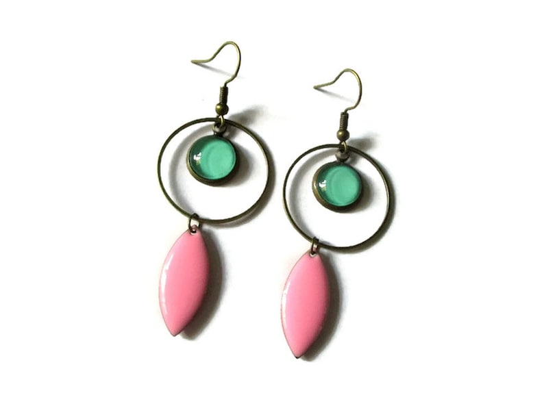 Turquoise Earrings Turquoise Hoops pink enamel earrings Gift for Women modern jewelry long earrings dangle earrings light green image 4