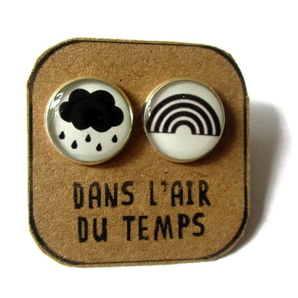 PENDIENTES DE NUBE, arcoíris blanco y negro, monocromático, minimalista, joyería de nube negra, joyería de arcoíris, gráfico