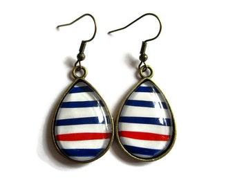 STRIPED TEARDROP EARRINGS - drop earrings - Blue Red White Earrings - retro - clip