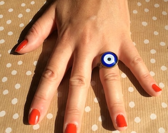 OOGRING, blauw oog, wit, cabochon, Ogen, glazen cabochon, boze oog, geluksbrenger, kleine ring van 16 mm, oogring
