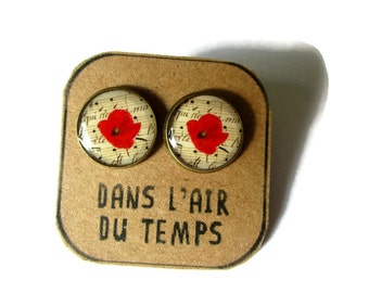 MOHNBLUMEN OHRRINGE, Mohnblumen, Blumenschmuck, rot, beige, Frühling, Musik, Noten, Garten, Natur, Boho, Glascabochon