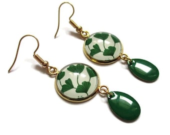 BOUCLES D'OREILLES dorées feuilles de ginkgo, émail vert, boucles vertes, ginkgo,  bijoux nature, boucles légères, bijoux botanique