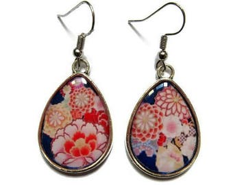 Japanese Flowers TEARDROP EARRINGS, japanese Pattern, Blue Boho Jewelry, flowers Earrings, Sakura Pattern