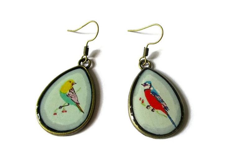 BIRDS EARRINGS Teardrop Earrings bird Pattern BOHO Style image 1