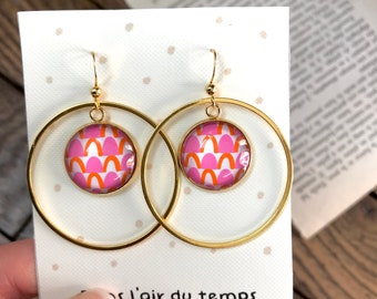 Gold Hoop Earrings, abstract style, orange and pink earrings, summer Jewelry, Boho Minimal Circle, Lightweight, gift for her, mum, clip
