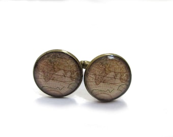 WORLD MAP CUFFLINKS - Vintage Map Cufflinks - World traveler gift - Gift for - Wedding Cufflink for groom - Groomsmen