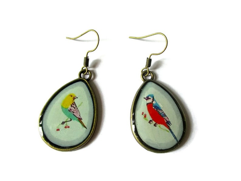 BIRDS EARRINGS, Teardrop Earrings, bird Pattern, BOHO Style, bird lover gift, Nature, animal Jewelry, romantic image 2