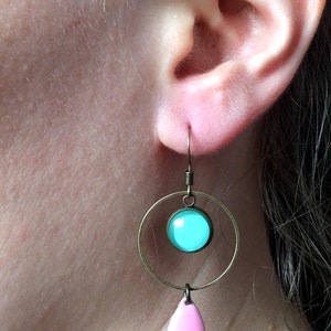 BOUCLES D'OREILLES créoles turquoise, anneaux, email goutte rose, boucles pendantes, bijou coloré, bijou turquoise, cabochon verre image 6