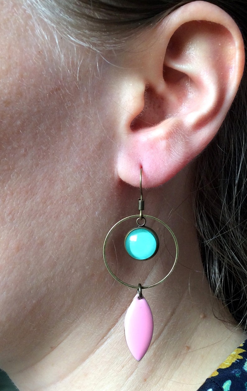 Turquoise Earrings Turquoise Hoops pink enamel earrings Gift for Women modern jewelry long earrings dangle earrings light green image 6