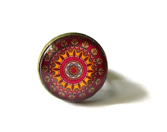 MANDALA RING - mandala jewelry - red statement ring - adjustable ring - BOHO ring - Bohemian ring - meditation -  indian jewellery  cabochon