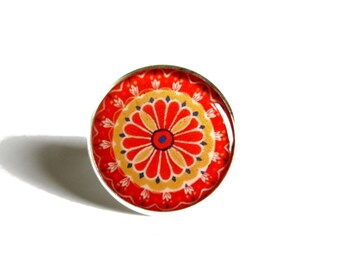 MANDALA Ring - Red and Yellow Mandala Jewelry - Statement Ring - Ajustable Ring - Mandala Art Print - Boho Ring