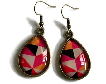 Teardrop Earrings - PINK TEARDROP earrings - geometric - colorful triangles - clip on earrings