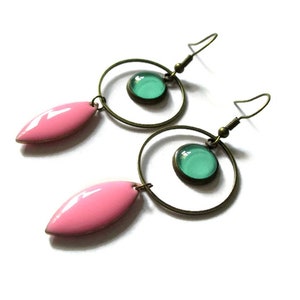 Turquoise Earrings Turquoise Hoops pink enamel earrings Gift for Women modern jewelry long earrings dangle earrings light green image 1