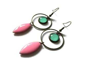 Turquoise Earrings - Turquoise Hoops - pink enamel earrings - Gift for Women - modern jewelry - long earrings - dangle earrings  light green