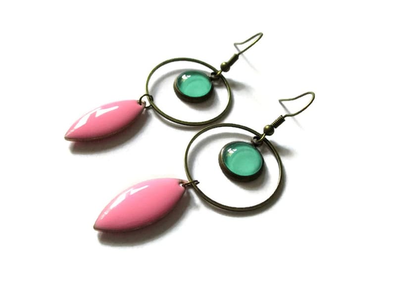 Turquoise Earrings Turquoise Hoops pink enamel earrings Gift for Women modern jewelry long earrings dangle earrings light green image 1