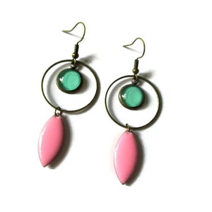 Turquoise Earrings Turquoise Hoops pink enamel earrings Gift for Women modern jewelry long earrings dangle earrings light green image 5