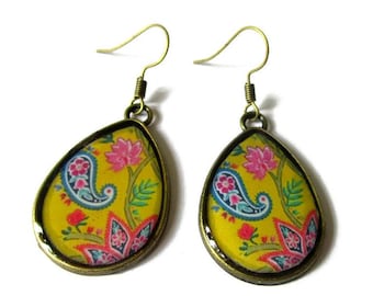 TEARDROP EARRINGS - drop earrings - Paisley Pattern - yellow - BOHO Earrings - Hippie Earrings - Indian - Ethnic Earrings - Tribal Earrings