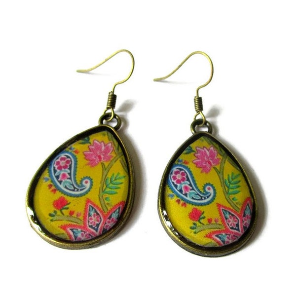TEARDROP EARRINGS - drop earrings - Paisley Pattern - yellow - BOHO Earrings - Hippie Earrings - Indian - Ethnic Earrings - Tribal Earrings