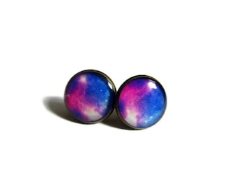 Pendientes de galaxia, pendientes de galaxia, joyas espaciales, joyas de estrellas, astronomía, regalo científico, joyas de planetas, planeta, morado
