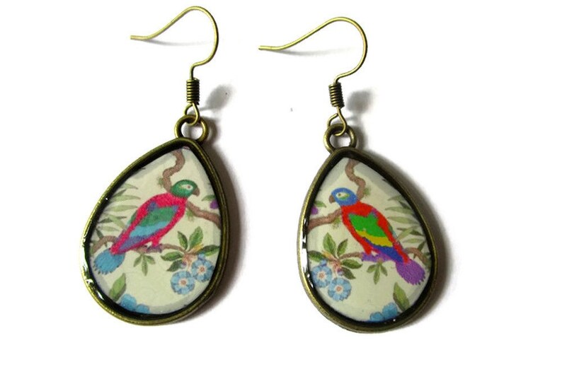 PARROT EARRINGS TEARDROP Vintage earrings Parrot jewelry image 1
