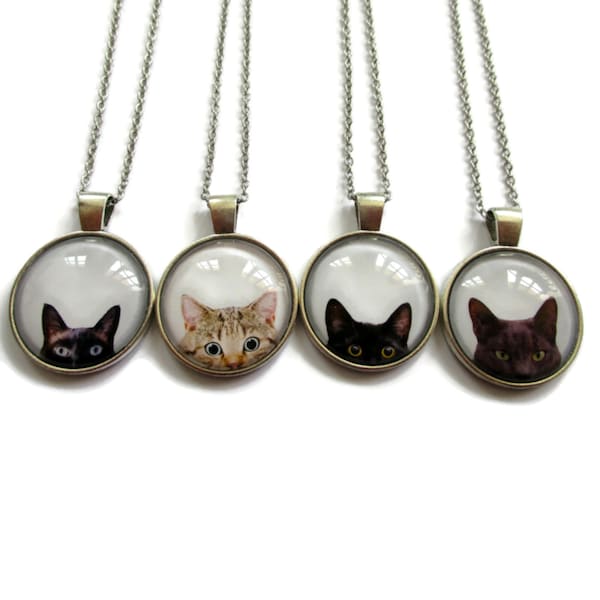 COLLIER CHAT, chat noir, chat siamois, amusant, animal, chat tigré, bijoux chat, collier chat gris, cabochon, verre