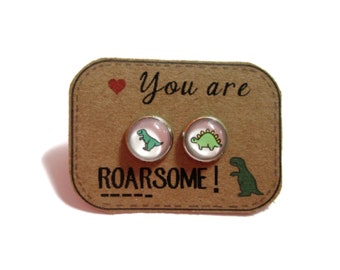 DINAUSOR EARRINGS - cute dino earrings - mix match studs - dinosaur jewelry - dino lovers - green and white earrings - friend gift