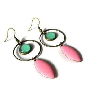 Turquoise Earrings Turquoise Hoops pink enamel earrings Gift for Women modern jewelry long earrings dangle earrings light green image 3